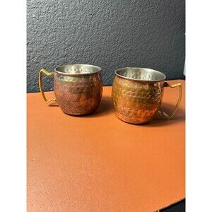 Vintage Set of 2 Decorative Hammered Metal Mugs with Brass Handles